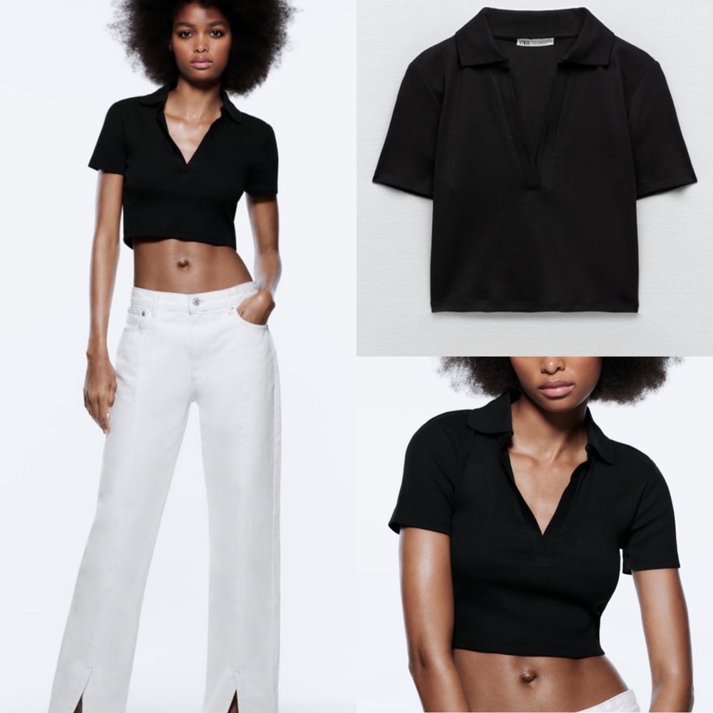 Zara Black Cropped Polo Top